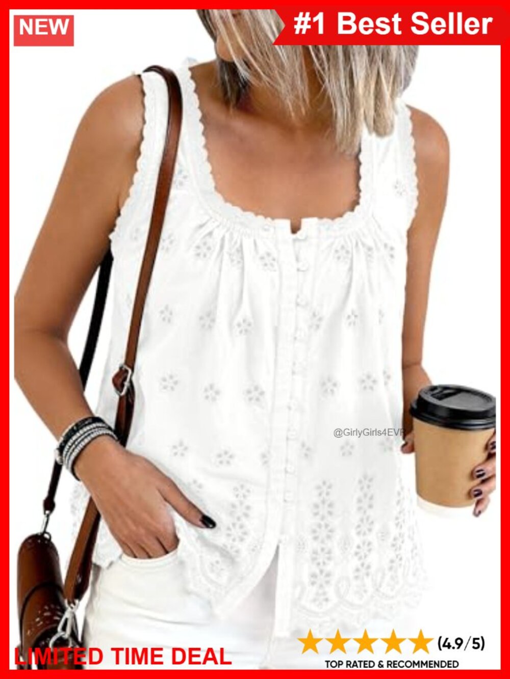 Women's Eyelet Lace Tank Top Button Down Square Neck Sleeveless Blouse